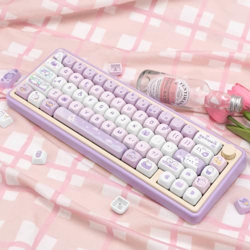 COOMICKEY PBT Keycaps, MOA Profile Keycaps 132 Keys Dye Sublimation Purple Cute Cat Customized Keycap Set for ANSI Layout Cherry MX Switches Mechanical Keyboards 7