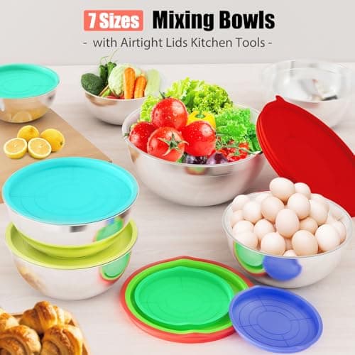 ENVTEK Mixing Bowls with Lids Set, 7 PCS Stainless Steel Mixing Bowls with 3 Grater Attachments, Size 4.5, 4, 3.5, 2.1, 1.5, 1.1, 0.7QT, Ideal for Kitchen Cooking Baking & Serving 7