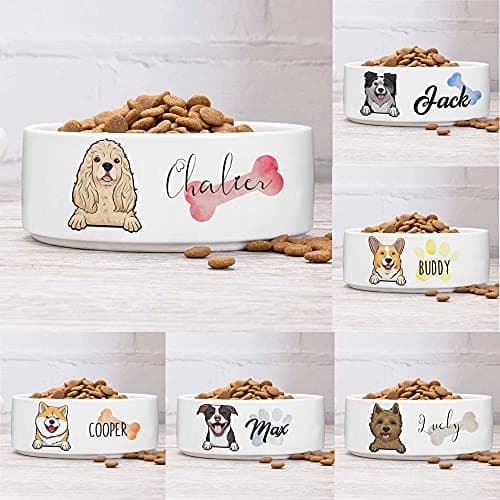 Personalized Dog Bowl for Small Size Dogs - Custom 5'' Round × 2" Tall Cute Ceramic Dog Food & Water Bowl, Small & Medium Pet Dish for Wet Food, Customized Name & Breeds Feeding Puppy Kitten Gift