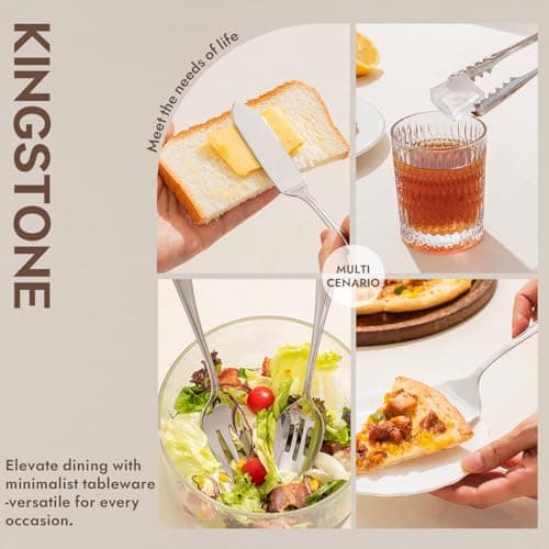 KINGSTONE 8 Piece Teardrop Serving Utensils Set, 18/10 Stainless Steel Serving Utensils, Slotted Spoons, Forks, Tongs, Cake Server, Butter Knife for Buffet, Catering, Wedding, Party 8