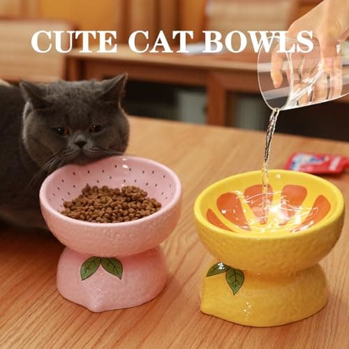 LINSHANMIN Cat Food Bowl Whisker Friendly, Ceramic Raised Cat Bowl, Extra Wide Tilted Shallow Food Dish (Pink). 7