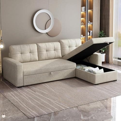 Ball & Cast Convertible Sofa Bed with Reversible Storage Chaise,Linen Sleeper Sofa Couch L Shaped Pull Out Couch Bed,Small Corner Sectional Sofa Couches for Living Room,Beige 8