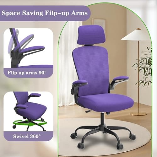 Ergonomic Office Chair for Long Hours & Back Pain Relief – Adjustable Lumbar Support & Headrest, High-Density Foam Cushion, Flip-Up Armrests, Perfect for Work & Study (Glam, Purple) 7