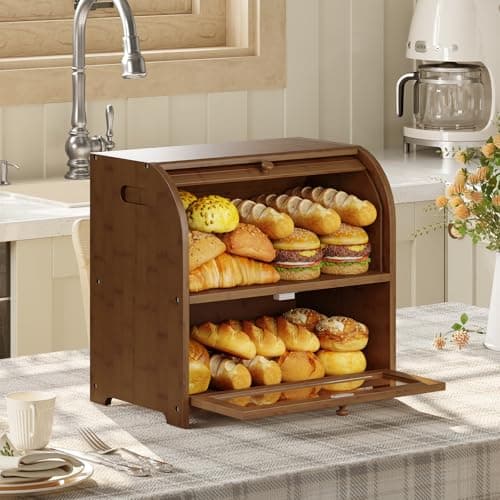 HOOBRO Bread Box, Bamboo Bread Box for Kitchen Countertop, 2 Tier Roll-Top Bread Bin, Food Storage Box, Large Capacity Keeper, Wooden Storage Cabinet, for Kitchen, Dining Room, Brown BR13MB01 5