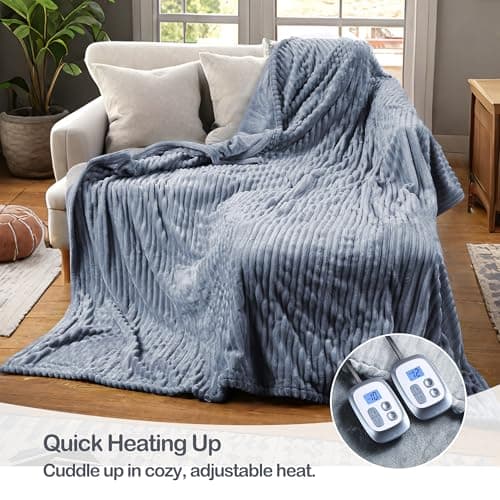 Eydna Electric Heated Blanket Queen Size 84"x 90", Dual Control, Warming Striped Flannel with 10 Heating Levels & 1-12 Hours Auto Off, Machine Washable, Light Gray 8