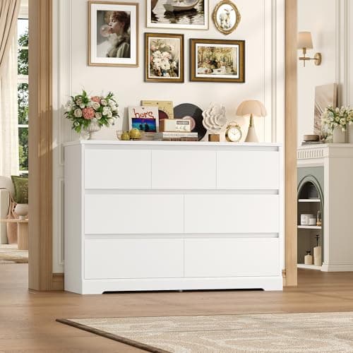 FACBOTALL Dresser for Bedroom, Modern White Dresser, Wood Chest of Drawers Nursery Dressers, with Storage, 7 Drawer Double with Handle Free, Large Storage Organizer for Living Room,White