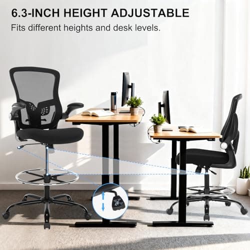 Bondesin Drafting Chair, Ergonomic Tall Office Chair with Lumbar Support Standing Desk Stool with Flip-up Armrests Comfy High Office Desk Chair with Adjustable Foot Ring for Counter Height Desk, Black 5