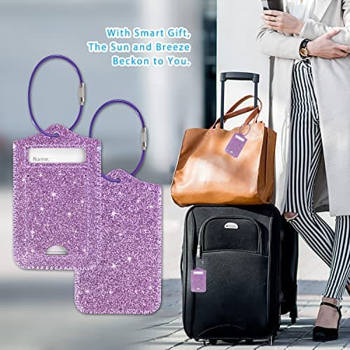 ACdream Luggage Tags 2 Pack, Leather Suitcase Tags Identifiers, Cute Cruise ID Labels with Privacy Cover fits on Backpack, Travel Bag, for Women, Men, Adults, Kids, Glitter Purple 6