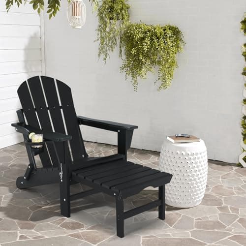 ABCPATIO Folding Adirondack Chair with Retractable Ottoman - All Weather Resistant Fire Pit Chairs with Cup Holder, Outdoor Adirondack Chairs for Deck Patio Garden Backyard Lawn, Black