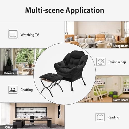 Youtanic Lazy Chair with Folding Ottoman, Accent Chair Velvet Upholstered with Metal Structure and Non-Slip Pads, Sofa Armchair with Footrest and Side Storage Bag for Dorm, Room, Office, Black 8