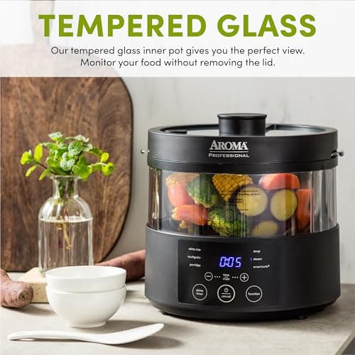 Aroma Housewares Professional 8-Cup (Cooked) SmartCarb Multicooker and Flavor-Lock Food Steamer for Low-Carb Rice and Grains, Glass Inner Pot, Black (AMC-800), Transparent Glass, 4 Cup Uncooked Rice 5