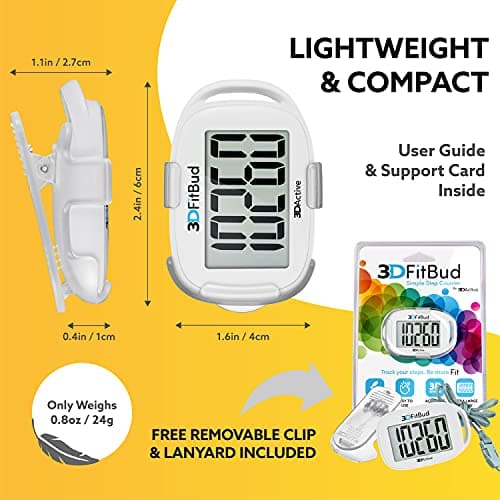 3DFitBud Simple Step Counter Walking 3D Pedometer by 3DActive with Clip, Lanyard Accurate Step Tracker Large Display, Easy to Use for Kids Men Women Adult Seniors Daily Step Tracking - A420S - White 6