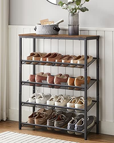 VASAGLE Shoe Rack for Entryway, 5-Tier Shoe Rack Organizer with Storage Shelves and Spacious Top, Freestanding, Adjustable, Industrial, Rustic Brown and Ink Black ULBS038B01 8