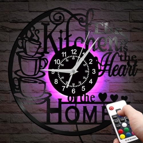 Timeglow 12'' Kitchen Vinyl Record Wall Clock 7 Kinds of LED Color, Kitchen Heart Home Theme Wall Clock Night Light Silent Non Ticking Coffee Bar Wall Watch Clock for Women Wife Restaurant Dining Room