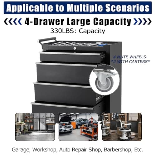 Rolling Tool Chest, 4 Drawers Tool Storage Cabinet with Wheels, Portable Tool Cabinet Organizer with Locking System & Drawer Liners,Universal Lockable Wheels, Tool Storage Cart for Garage, Workshop 7