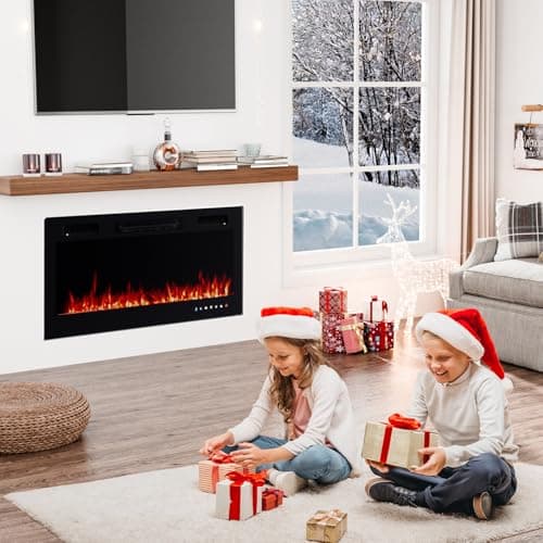 ROVSUN 36'' Electric Fireplace, 2-in-1 Ultra-Thin Wall Mounted & Recessed Fireplace with Remote & APP Control, 1500W Wall Heater w/ 12 Flame Color, 5 Brightness, Timer, Crystal Set 7