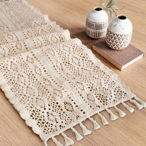 IVAPUPU Boho Table Runner with Tassels,Burlap Table Runners 72 Inches Long Room Decor Aesthetic Rustic Farmhouse Summer Decorations for Living Room Beige and Brown Patchwork (12x72 Inches)