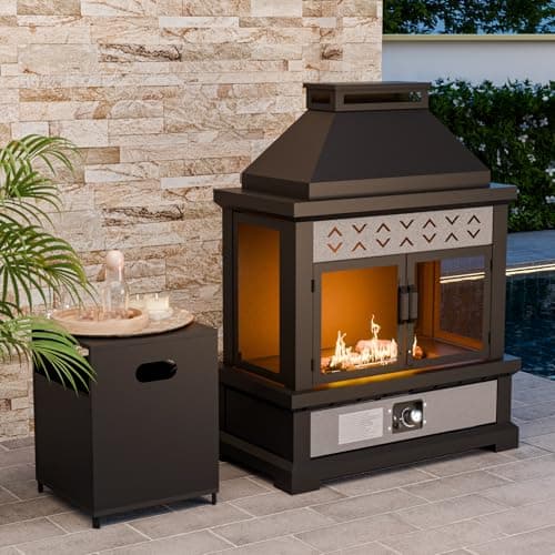 INTER HUT 35’’ Smokeless Outdoor Propane Fireplace with Tank Storage & Mesh Door, CSA Certified 50,000 BTU Patio Fire Pit with Cover for Garden, Backyard and Patio, Black/Beige