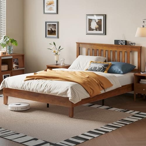 LINSY Queen Bed Frame, Wood Platform Bed Frame with Headboard, Solid Wood Bed with Wood Slat Support, No Box Spring Needed, Easy Assembly, Walnut, Queen 7