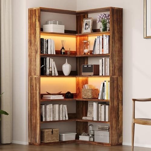 4 EVER WINNER Corner Bookshelf, 6 Tier Bookcase with LED Light and Storage, Industrial Tall Bookshelf Etagere Bookcase, 71” Corner Book Shelf with Storage Display Rack with Baffles for Home Office