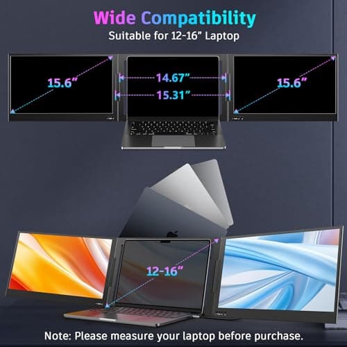 QQH Laptop Screen Extender, 15.6" Triple Portable Monitor with Ultra-Slim FHD IPS Display, One Cable USB-C Monitor Extender Compatible with MacOS, Windows, Android for 12-16" Laptop (Driver Need) 8
