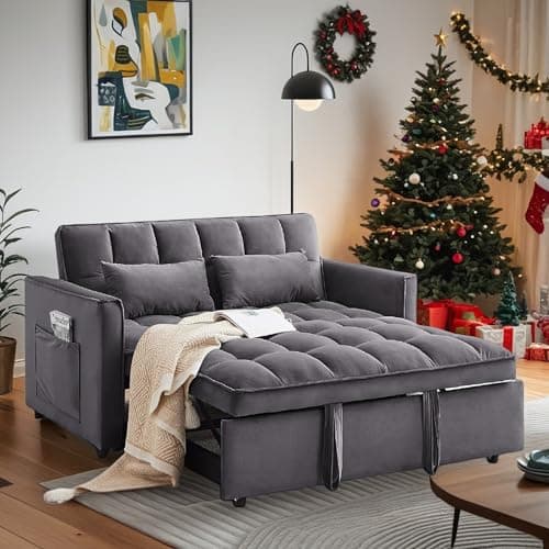 Trygoal Convertible Sofa Bed, Pull Out Couch with Side Pockets, 3 in 1 Velvet Fabric Loveseat Sleeper Sofa Bed, Pull Out Couch with Adjustable Backrest for Living Room, Bedroom, Apartment, Dark Gray