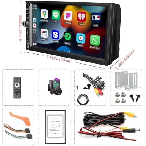 Wireless Double Din Car Stereo Works with Apple Carplay,7 Inch HD 1024 * 600 Touchscreen with Bluetooth 5.1,FM Car Radio,GPS Navigation,Backup Camera,Android Auto,Voice Control,USB/AUX/TF/SWC 7