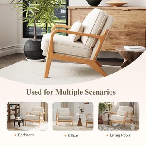 MALOL Mid-Century Accent Chair with Solid Wood Frame, Reading Relaxing Armchair Lumbar Pillow& Soft Cushion, Leisure Chair for Living Room, Bedroom, Waiting Room-Beige 7