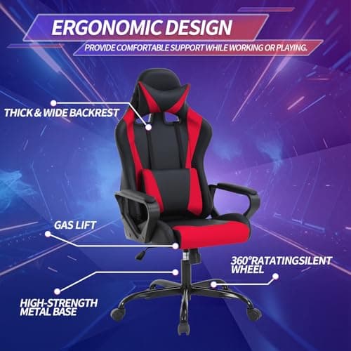 Gaming Chair High-Back Office Chair Ergonomic Video Game Chairs Height Adjustable Reclining Computer Chair with Lumbar Support Armrest Headrest Swivel Chair Game Chair for Adult Teen - Red 5