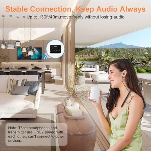 1Mii Wireless Headphones for TV, Wireless Neckband Earbuds for TV Watching for Seniors with Transmitter, No Audio Delay, Auto-Pair, Plug n Play, 3,5mm AUX/RCA/Optical,Lightweight and Comfortable 7