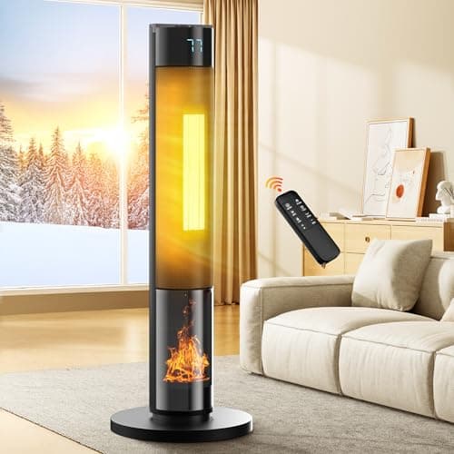AKIRES Space Heaters for Indoor Use Large Room, Tower Room Heater with Thermostat, 120° Oscillating, ECO, Remote, 24H Timer, 1500W Ceramic Electric Fireplace Heater for Bedroom,Garage,Office,34",Black