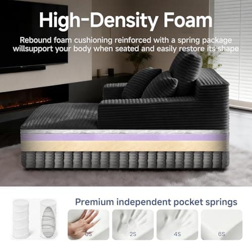 68" Chaise Lounge Chair Indoor, Corduroy Upholstered Boneless Sofa Bed, Deep Seat Sleeper Couch Reading Chairs, Oversized Comfy Cloud Sofas Couches for Living Room, Bedroom (Black, Oversized) 5