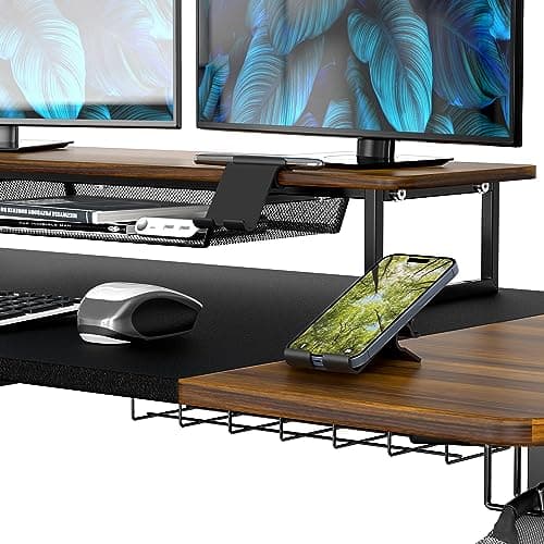 SHW 62-Inch Electric Height Adjustable Standing Desk with Monitor Riser and Drawer, Walnut 5