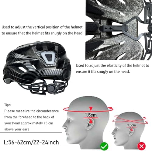 AISSTXOER Bike Helmet for Adult Men Women with Multi-Mode Rear LED Light, with Suggested Fit 56-62cm, Lightweight with Adjustable Dial, Side and Chin Strap, Carbon Black Shiny Surface 5