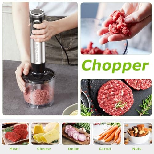 Bonsenkitchen Immersion Blender Handheld with Food Processor, 20 Speeds Hand Blender with Turbo Mode, Stainless Steel Blade, Egg Whisk, Beaker & Chopper Bowl, Hand Mixer for Smoothie, Soup, Baby Food 5