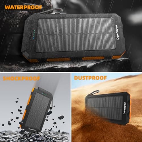 Durecopow Solar Charger Power Bank 20,000mAh, Portable Charger, 4 Cables 3 Ports Fast Charging External Battery Pack with USB C for Cell Phones, Solar Panel Charger with Dual Flashlight for Camping 6
