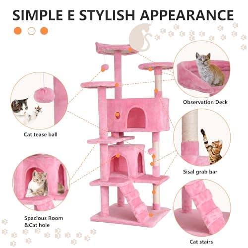 BestPet | 54" Cat Tree Tower | Pink | Sturdy, Easy to Assemble, Multi-Level Activity Center with Sisal Scratching Posts, Condos, Perches, Hanging Cat Toys, Observation Decks & Ladder 6