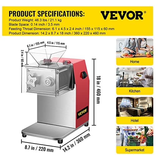 VEVOR Commercial Meat Cutting Machine, 551 Lbs/H 850W Meat Shredding Machine, 3.5mm Blade Electric Meat Cutter, Stainless Steel Restaurant Food Cutter, for Kitchen Supermarket Lamb Beef Chicken, Red 7
