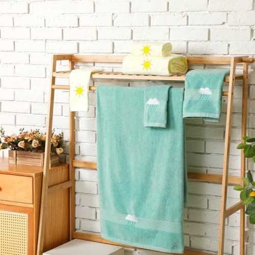 VitalCozy 6 Pcs Kids Girls Bath Towels Set 100% Cotton Cute Sun Cloud Bathroom Absorbent Soft Embroidered Decorative Baby Toddler Shower Towels for Kids Unisex Toddler Women(3 Sizes,Green, Yellow) 7