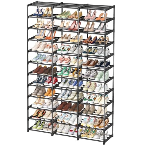 Ekisemio Shoe Rack Large Capacity 72 Pairs Tall Shoe Shelf, 3 Row 12 Tiers Sturdy Metal Shoe Organizer for Entryway, Closet, Bedroom, Black