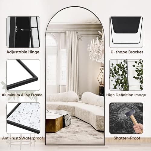 Suidia 71"x28" Arched Full Length Mirror with Stand, Full Body Mirror with Aluminum Frame, Freestanding/Leaning/Wall-Mounted, Floor Mirrors for Bedroom, Living Room, Entryway, Dressing Room, Black 5