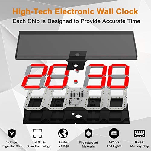 CHKOSDA LED Large Digital Wall Clock, Oversize Wall Clock with 6” Numbers, Remote Control Count up/Countdown Timer Clock, Auto Dimmer, Big Calendar and Thermometer(Red) 6