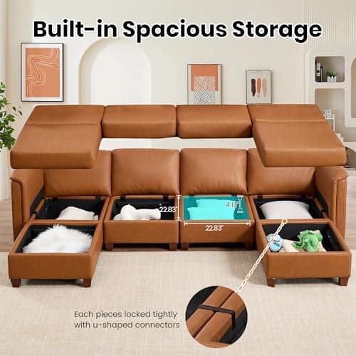VIKAYAMICS 115" Modular Sectional Sofa with Storage, Faux Leather Sectional Couch Comfy Cloud Couches with Movable Ottoman for Living Room Bedroom Apartment (Brown, Sofa-9 Seat) 5