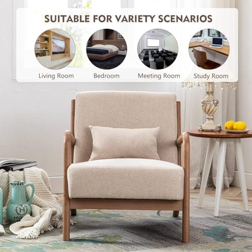 ANJ Mid Century Modern Accent Chair, Comfy Fabric Living Room Chairs with Solid Wood Frame, Lounge Reading Armchair, Easy Assembly, Beige 7