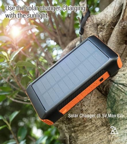 OOPOWEROO Solar Power Bank 20000mAh Built in Hand Crank and 4 Cables 22.5W Fast Charge Power Bank 5 Outputs & 5 Inputs Solar Portable Charger, SOS/Strobe/Strong Flashlights, Carabiner (Orange) 8