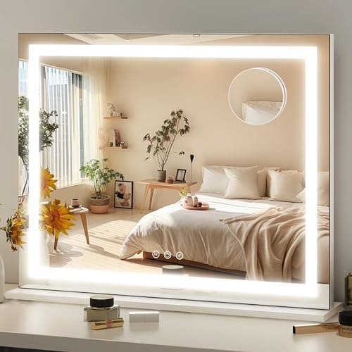 FENNIO 23" x 18" Vanity Mirror with Lights，LED Makeup Mirror，Hollywood Mirror with 3 Color Modes & Adjustable Brightness，Vanity Mirror Square White