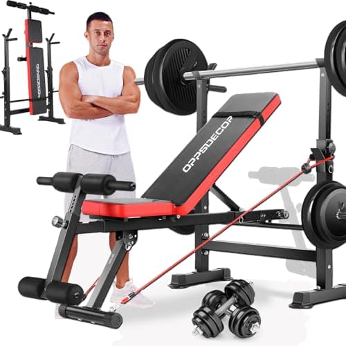 OPPSDECOR Adjustable Weight Bench Set with Squat Barbell Rack and Removable Foot Bracket, Bench Press Workout Bench with Weight Storage Sit up Incline Flat Decline 600lbs 6 in 1 Weight Bench for Full