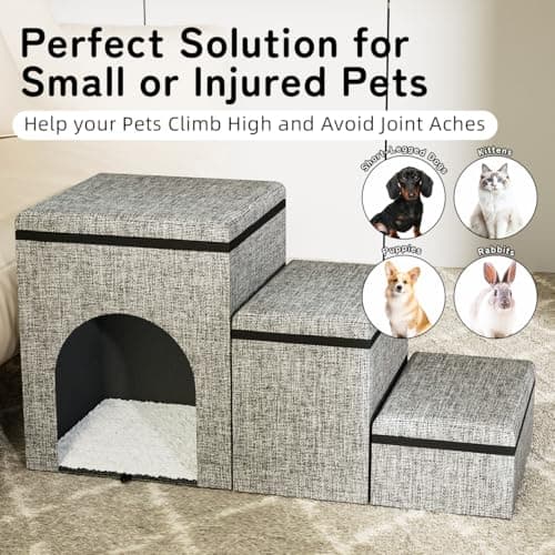 MWHRE Dog Stairs with Storage, 3-Step Wider Dog Steps with Condo for Dogs and Cats, Pet Stairs for High Bed Climbing, Grey 6