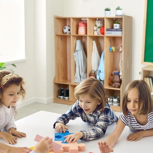 Colingmill 4 Section Coat Locker with Bench Daycare Cubbies for Classrooms Natural Pine Finish Wooden Backpack Cubby Storage Organizer with Hooks for Daycare Classroom and Home 6