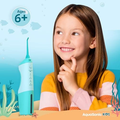 AquaSonic Kids' Water Flosser for Ages 6+ | Standard Nozzle, Orthodontic Nozzle & Waterproof Stickers | 4 Flossing Modes | Aquarium Adventures Theme (Blue) 5
